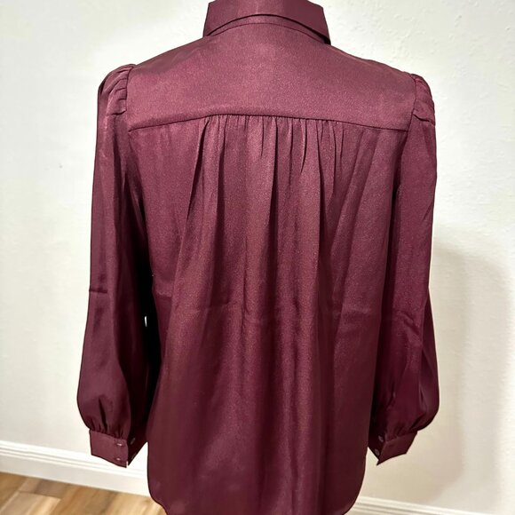 Ann Taylor Burgundy Puff Sleeve Pleated Button-Down Blouse – Size SP - Picture 9 of 16